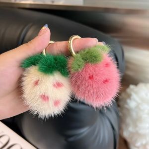 Mini porte-clés en vraie fourrure de vison, fraise, jouet boule en peluche, breloque de sac pour