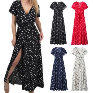 Femmes ourlet fendu &agrave; pois Maxi robe boh&egrave;me longue robe ceintur&eacute;e Sexy mode &agrave; manches courtes col en