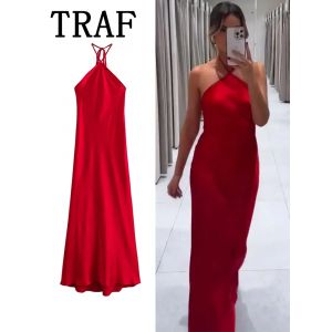 TRAF 2024 licou longues robes pour femmes dos nu robe en Satin femme &eacute;paules nues Sexy robes