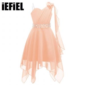 Robe de soir&eacute;e en mousseline de soie pour petites filles, asym&eacute;trique &eacute;paule d&eacute;nud&eacute;e, ourlet