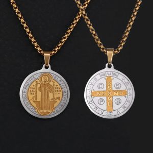 Collier m&eacute;daille Saint beno&icirc;t, cha&icirc;nes en acier inoxydable, croix catholique double face, pendentif