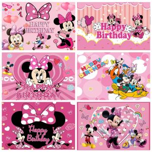 Arrière-Plan en Vinyle Rose Minnie Mouse, Décoration de ixd'Anniversaire pour Enfant, Grille Murale,
