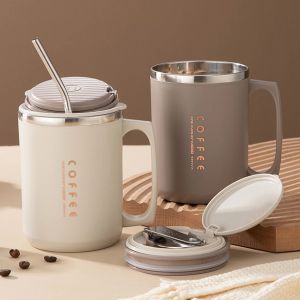 WORTHBUY Tasse &agrave; caf&eacute; standard avec paille et cuill&egrave;re, acier inoxydable 480, r&eacute;utilisable,