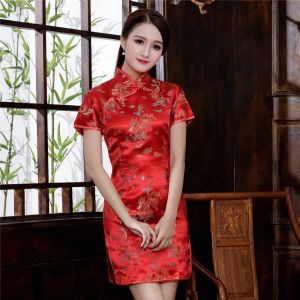 Robe Cheongsam en Satin Rouge Classique pour Femme, Style Chinois, Dragon Phenix Qipao, Grande