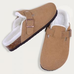 Crestar sabots en daim doublés de fourrure pour femmes, Mules à semelle en liège pelucheuse,