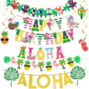 Bannière joyeux anniversaire hawaïen, feuille de palmier, vacances, fête d'été, Luau Aloha,