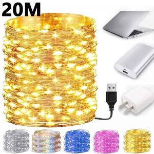 Guirlande lumineuse LED USB en fil de cuivre et d'argent, 5/10/20M, étanche, féerique, pour noël,