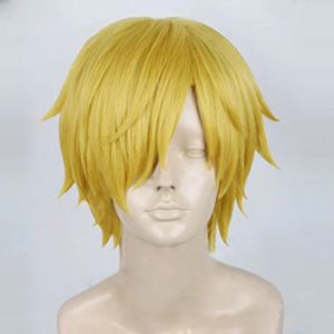 Perruque de Cosplay Anime une pièce Sanji perruque courte droite jaune doré résistant à la chaleur