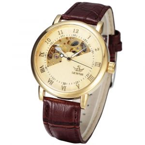 SEWOR – montre mécanique automatique pour hommes, marque de luxe, squelette doré, bracelet en cuir