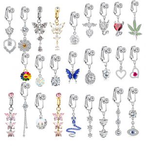 Faux Piercing de ventre, feuilles de papillon pendantes, Long, Faux nombril, Clip sur nombril