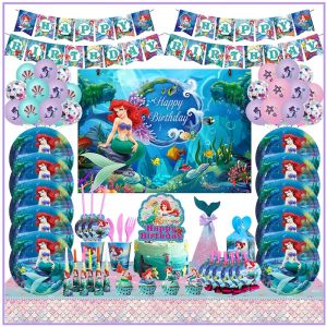 Décoration de fête d'anniversaire Disney petite sirène, vaisselle princesse Ariel, assiettes en