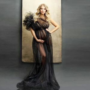 Robes de maternité transparentes, couleur unie, noires, Sexy, pour femmes enceintes, longueur au