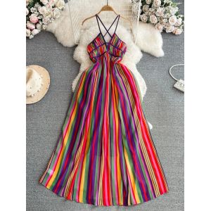 Robe trapèze à rayures arc-en-ciel pour femmes, robe en mousseline de soie mince, taille haute,