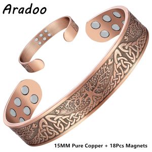 Bracelet manchette ouvert en cuivre pur Vintage, 18 pièces, 3500 Gauss, thérapie magnétique forte