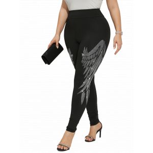 Leggings grande taille pour femmes, strass scintillants, motif ailes d'ange, pantalon slim, mode