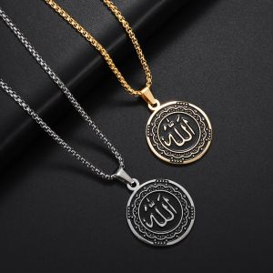 Pendentif médaille ronde avec écriture Allah, collier en acier inoxydable pour hommes, bijoux