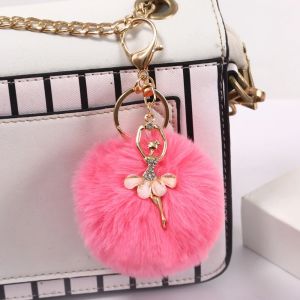 Porte-clés pompon mignon et pelucheux, strass, danseuse de Ballet, pendentif de sac à main,