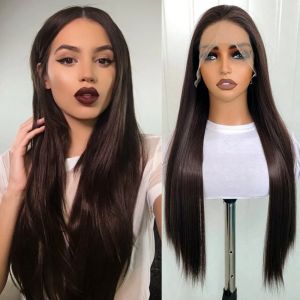 Perruque Lace Front Wig synthétique lisse et longue, brun foncé, sans colle, cheveux brun chocolat,