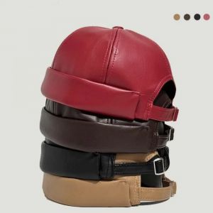 Chapeau r&eacute;tro d&eacute;contract&eacute; sans bords en cuir PU, casquettes r&eacute;glables en peau de Melon, casquette