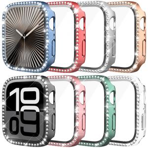 Coque en verre et diamant pour Apple Watch, Bling Bumper Protector, iWatch Series 10, 9, 8, 7, 6, 5,