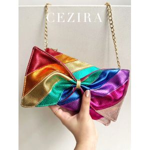 Sac à main de luxe en cuir végétalien métallique, rayures colorées, Patchwork, doux nœud papillon en