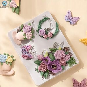 Moule en silicone rose papillon har ant, pot de fleur, feuilles de bouquet, décoration de gâteau au