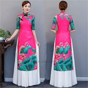 Robe et jupe qipao chinoise améliorée, imprimé floral national, cheongsam, vietnam ao dai, robe de