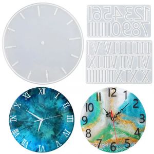Horloge ronde résine époxy Silicone moule chiffres romains arabes fleur feuille horloge moule