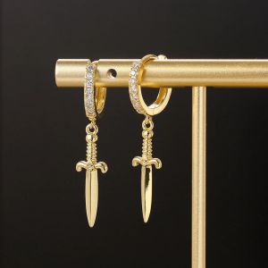 Boucles d'oreilles créoles pendentif épée pour femmes et hommes, accessoires punk, document en or,