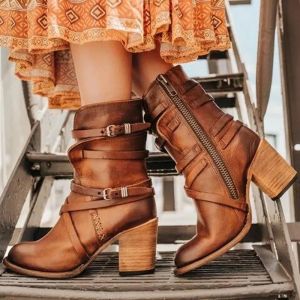 Bottes Rondes Style Punk Gothique pour Femme, Chaussures à Fermeture Éclair, à la Mode, 2019