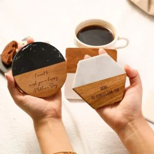 Sous-verre isolant en bois d'acacia et marbre personnalis&eacute; gratuit, &eacute;pissage de pierre, cadeaux pour