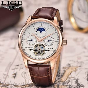 LIGE-Montre-bracelet mécanique rétro pour homme, horloges à tourbillon automatique, cuir, étanche,