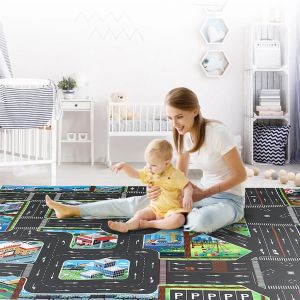 Tapis de circulation de ville de dessin animé, tapis de jeu pour bébé, tapis de route, 6 voitures