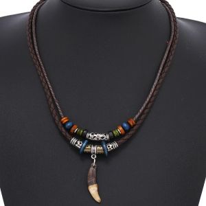 Mode hommes femmes Goth multicouche Vintage loup dent pendentif en cuir perlé tissé collier de