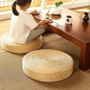 Pouf rond en paille naturelle tissée à la main, 40x40cm, Tatami, coussin de sol, Style japonais,
