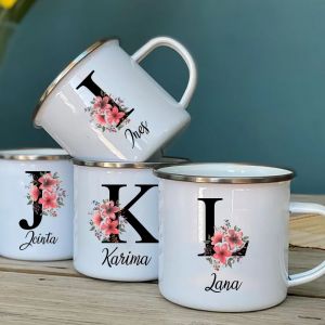 Tasse en &eacute;mail personnalis&eacute;e avec nom, lettre de fleur, Alphabet, poign&eacute;e de Camping, caf&eacute;, th&eacute;,