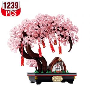 Blocs de construction d'arbre Sakura romantique, bonsaï en pot, briques lumineuses, modèle de