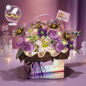 Modèle de bouquet de roses roses, lampe de blocs de construction à LED, fleur violette, cadeau