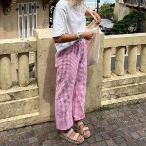 Pantalon imprim&eacute; vichy Y2K pour femme, streetwear d&eacute;contract&eacute; &agrave; jambes larges avec poches