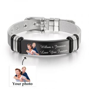 Bracelet personnalisé en acier inoxydable pour hommes, texte d'image gravable, mots de photos