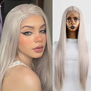 Perruque Lace Front Wig synthétique lisse et longue grise, sans colle, pour femmes, fête Cosplay