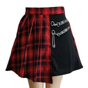 Jupe courte pliss&eacute;e rouge tartan pour femmes, streetwear d&eacute;contract&eacute; &agrave; carreaux avec boutons