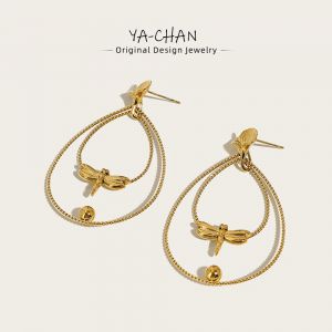 YACHAN 18K plaqu&eacute; or inoxydable femmes boucles d'oreilles cr&eacute;ative libellule Ginkgo feuille