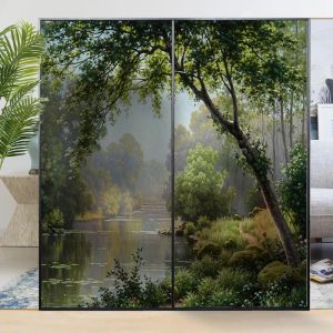 Film décoratif pour vitres de confidentialité, peinture forêt ruisseau, autocollants pour vitraux,