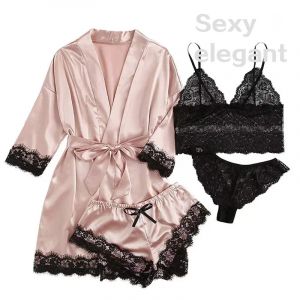 4 pièces femme vêtements de nuit pyjamas Ser avec Robe Sexy dentelle Lingerie peignoir soie Satin