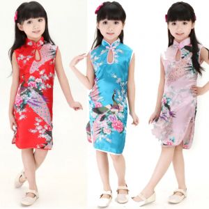 Cheongsam robe bébé fille Qipao vêtements d'été paon sans manches mince robe traditionnelle enfant