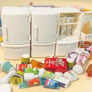 Mini réfrigérateur blanc pour maison de poupée, avec ensemble de nourriture, jouets de cuisine,