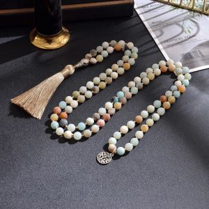 Collier Mala en Amazonite mate naturelle, 8mm, perles nou&eacute;es, 108 Mala, m&eacute;ditation, Yoga, pri&egrave;re,