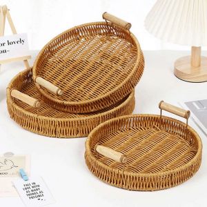 Plateau de rangement en rotin tissé à la main, multi-tailles, panier rond en osier, plateau de