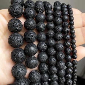 Perles rondes en pierre de lave noire, roche volcanique naturelle, perles d'espacement amples pour